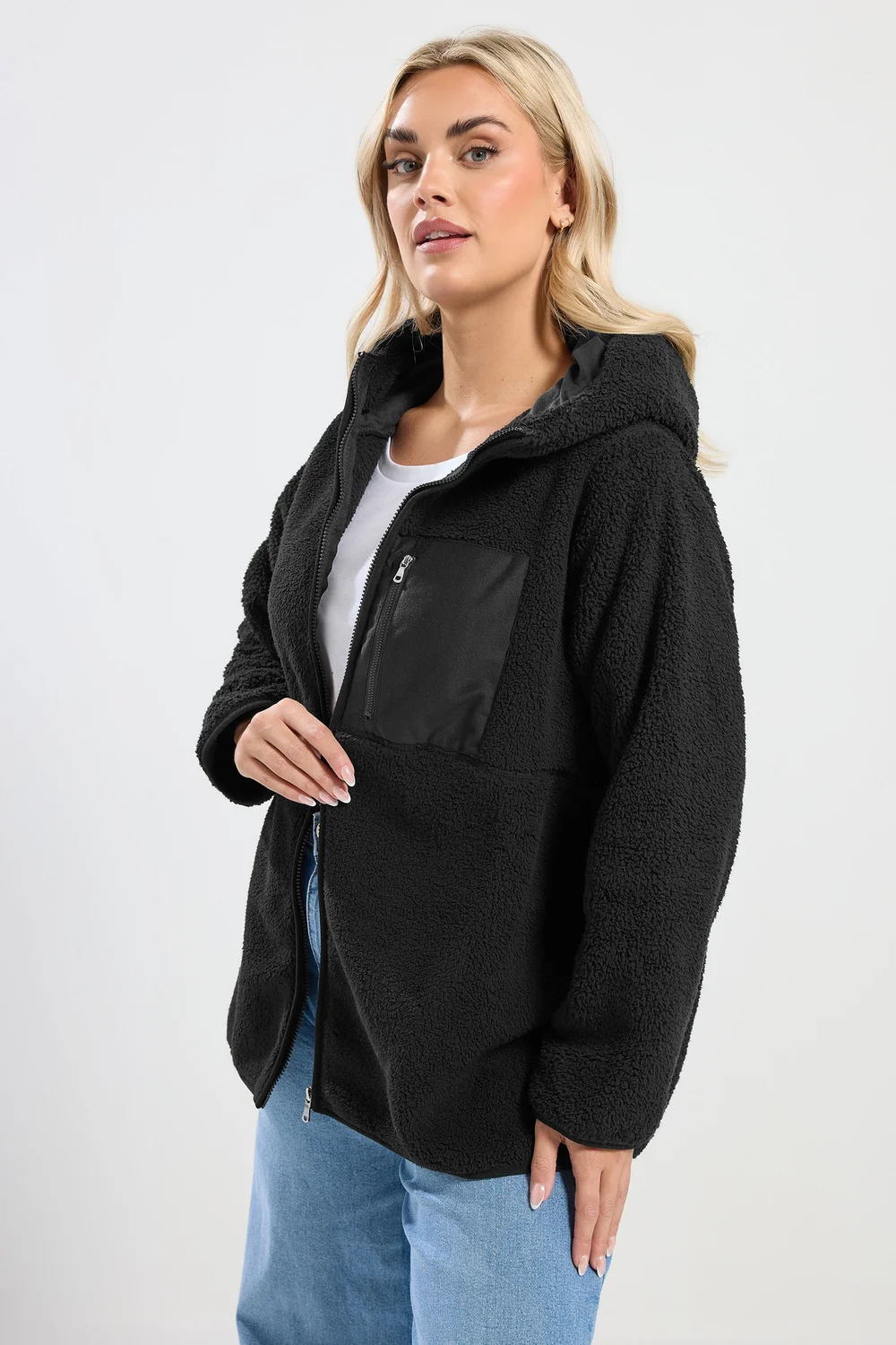 Yours Curve Black Pocket Teddy Fleece Jacket - 22-24 Image 1