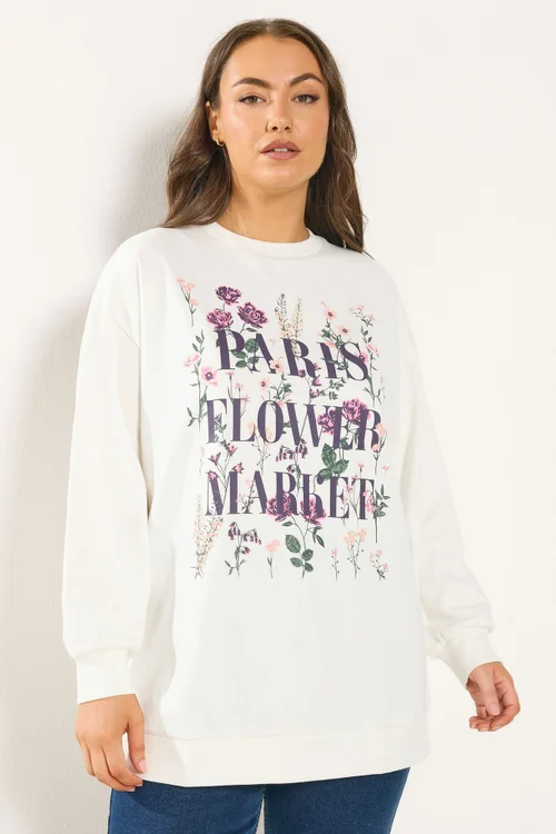 Yours Curve White 'Paris Flower Market' Floral Sweatshirt - Size 18 Image 1