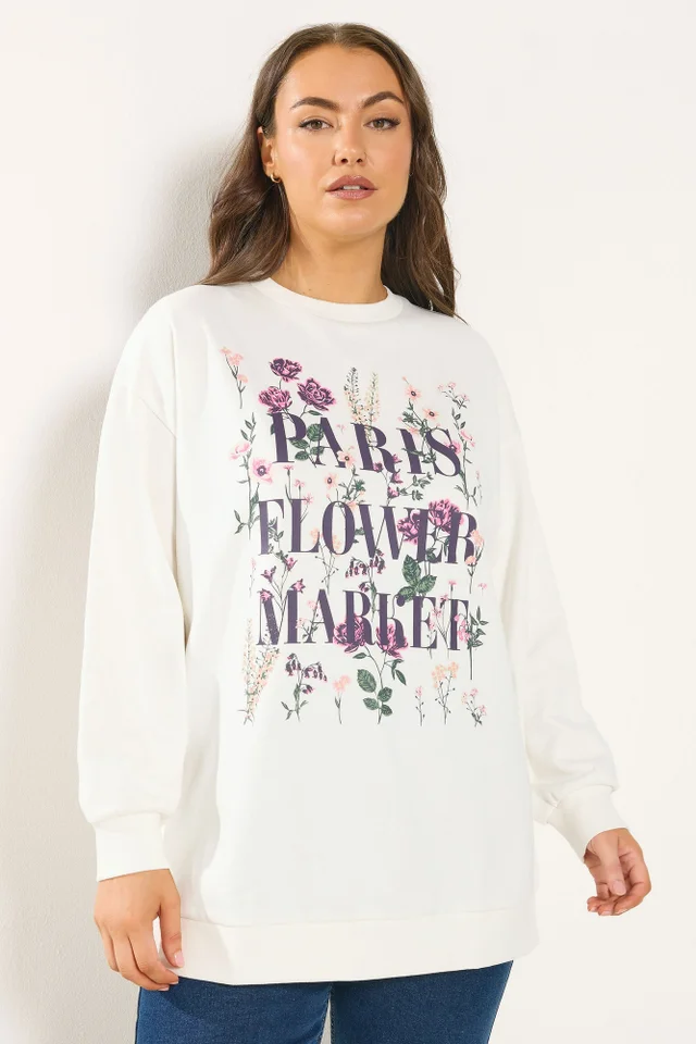 Yours Curve White 'Paris Flower Market' Floral Sweatshirt