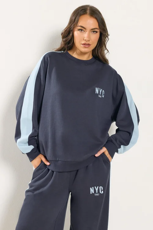 Yours Curve Navy Blue 'NYC' Side Stripe Sweatshirt - Size 16 Image 3