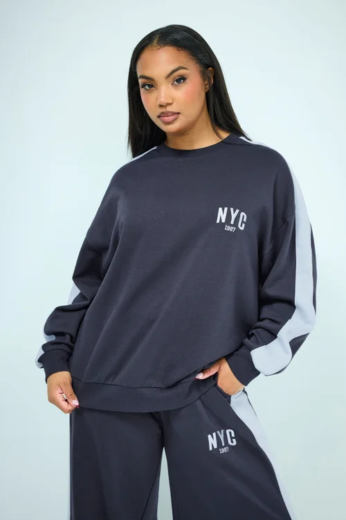 Yours Curve Navy Blue 'NYC' Side Stripe Sweatshirt - Size 16 Image 2