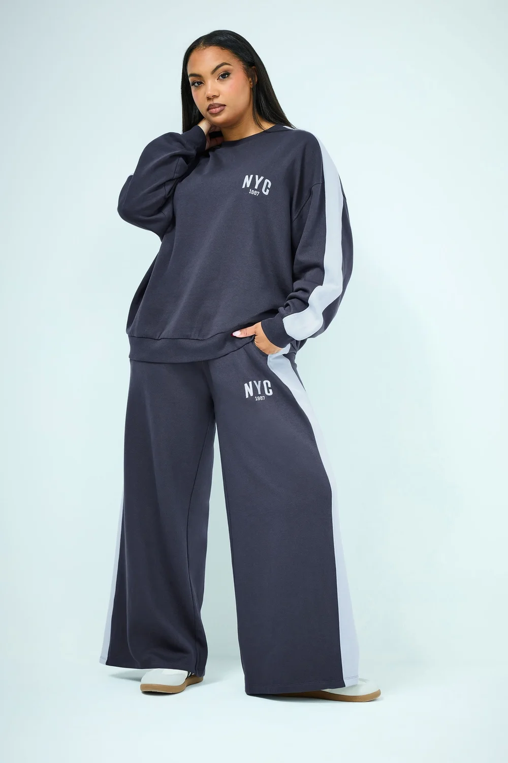 Yours Curve Navy Blue 'NYC' Side Stripe Sweatshirt - Size 16 Image 1