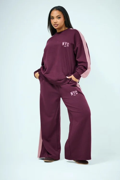 Yours Curve Burgundy Red 'NYC' Side Stripe Sweatshirt - 18 Image 2