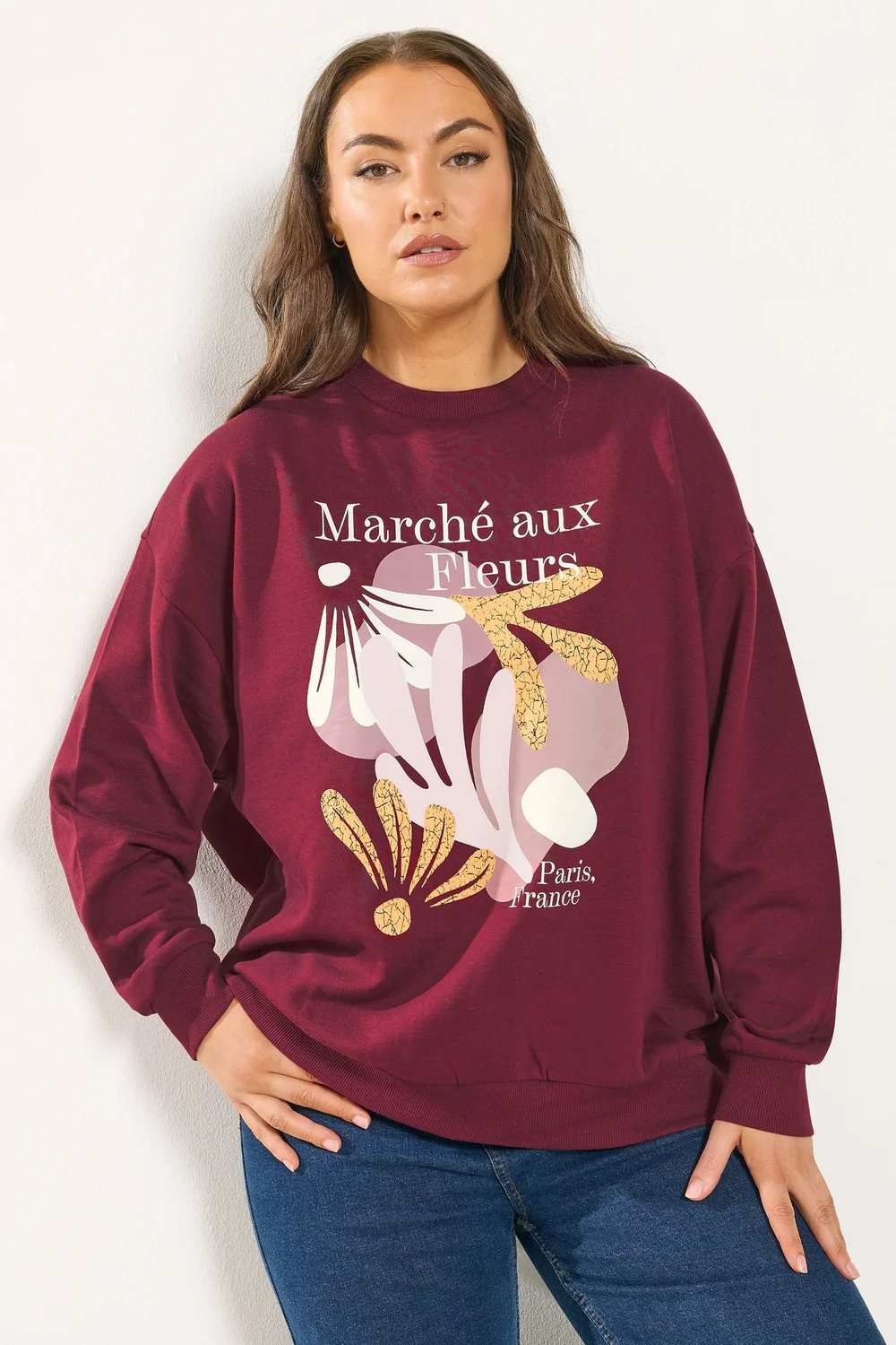 Yours Curve Burgundy Red 'Marche Aux Fleurs' Slogan Sweatshirt - Size 30-32 Image 1