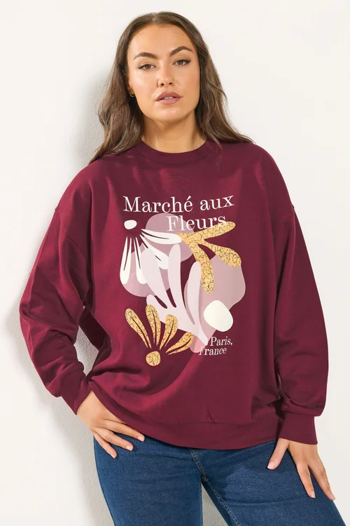 Yours Curve Burgundy Red 'Marche Aux Fleurs' Slogan Sweatshirt - Size 30-32 Image 1