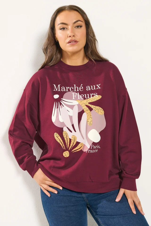 Yours Curve Burgundy Red 'Marche Aux Fleurs' Slogan Sweatshirt