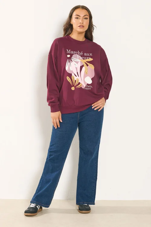 Yours Curve Burgundy Red 'Marche Aux Fleurs' Slogan Sweatshirt - Size 30-32 Image 2