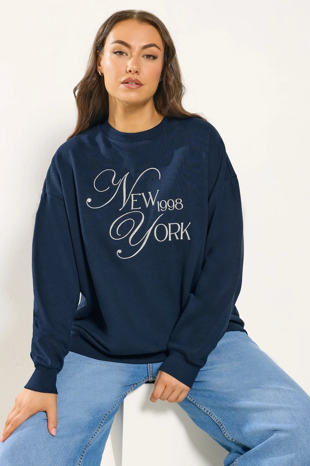 Yours Curve Navy Blue Embroidered 'New York' Slogan Sweatshirt - Size 22-24 Image 1