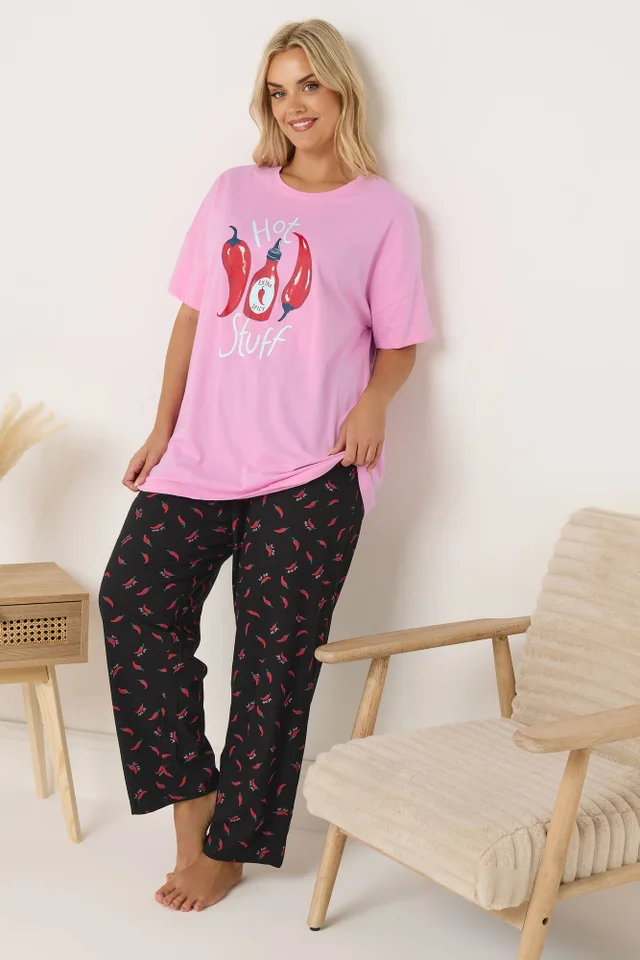 Yours Curve Pink 'Hot Stuff' Wide Leg Striped Pyjama Set