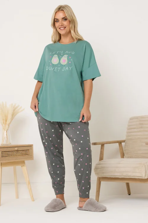 Yours Curve Green 'Lets Avo Duvet Day' Cuffed Pyjama Set - Size 38-40 Image 1