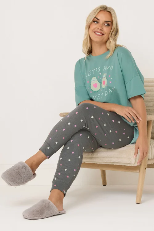 Yours Curve Green 'Lets Avo Duvet Day' Cuffed Pyjama Set - Size 38-40 Image 2