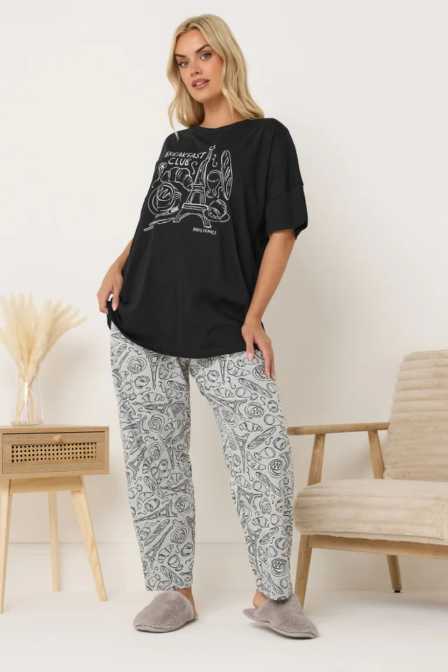 Yours Curve Black 'Breakfast Club' Wide Leg Pyjama Set