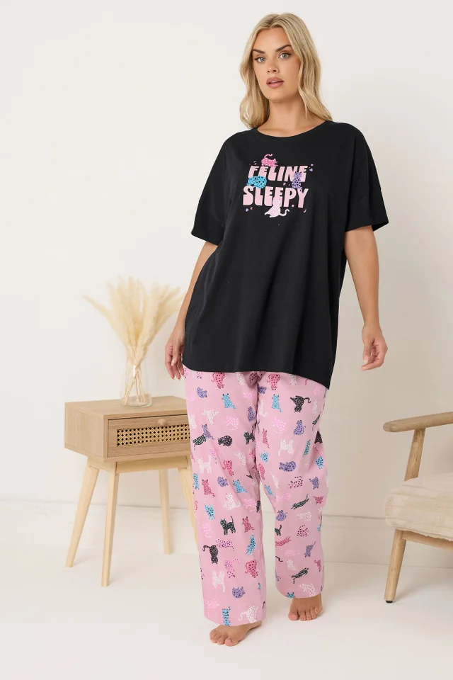 Yours Curve Black 'Feline Sleepy' Wide Leg Pyjama Set