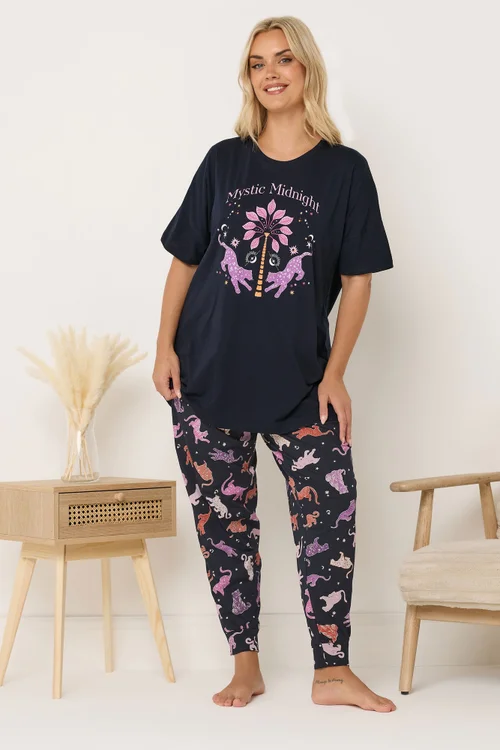 Yours Curve Navy Blue 'Mystic Midnight' Cuffed Pyjama Set - Size 30-32 Image 1