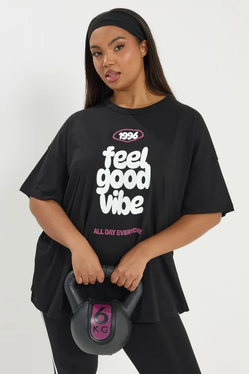 Yours Active Curve Black 'Feel Good Vibe' T-Shirt - Size 30-32 Image 1