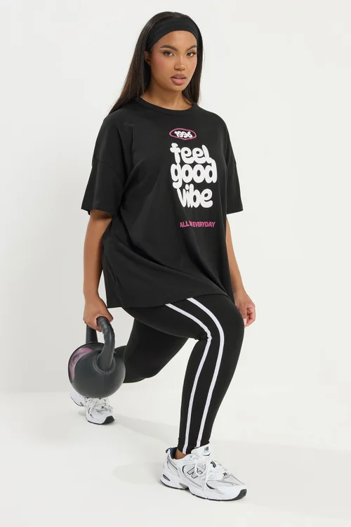 Yours Active Curve Black 'Feel Good Vibe' T-Shirt - Size 30-32 Image 2