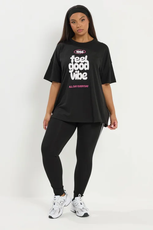 Yours Active Curve Black 'Feel Good Vibe' T-Shirt - Size 30-32 Image 3