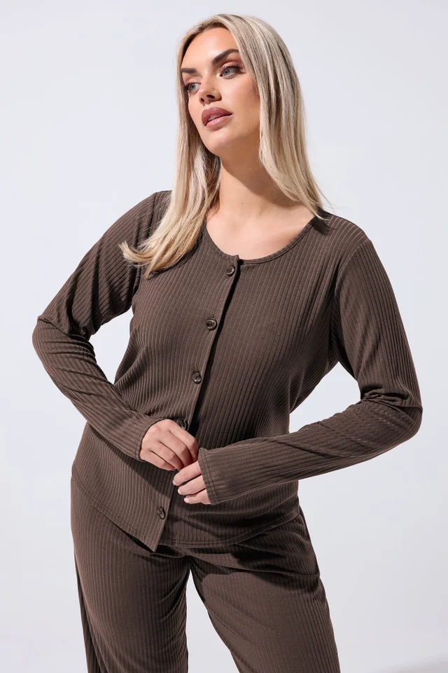 Yours Limited Curve Brown Ribbed Button Through Top