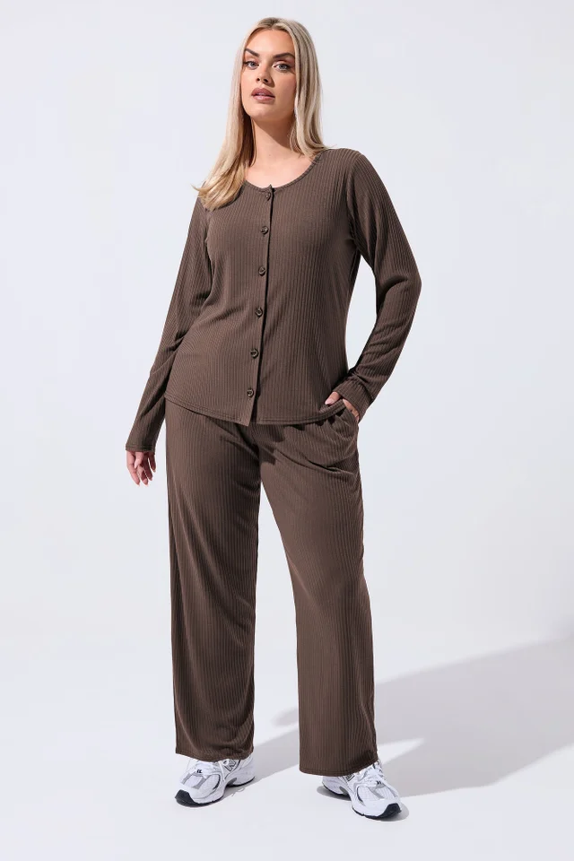 Yours Limited Curve Brown Ribbed Button Through Top