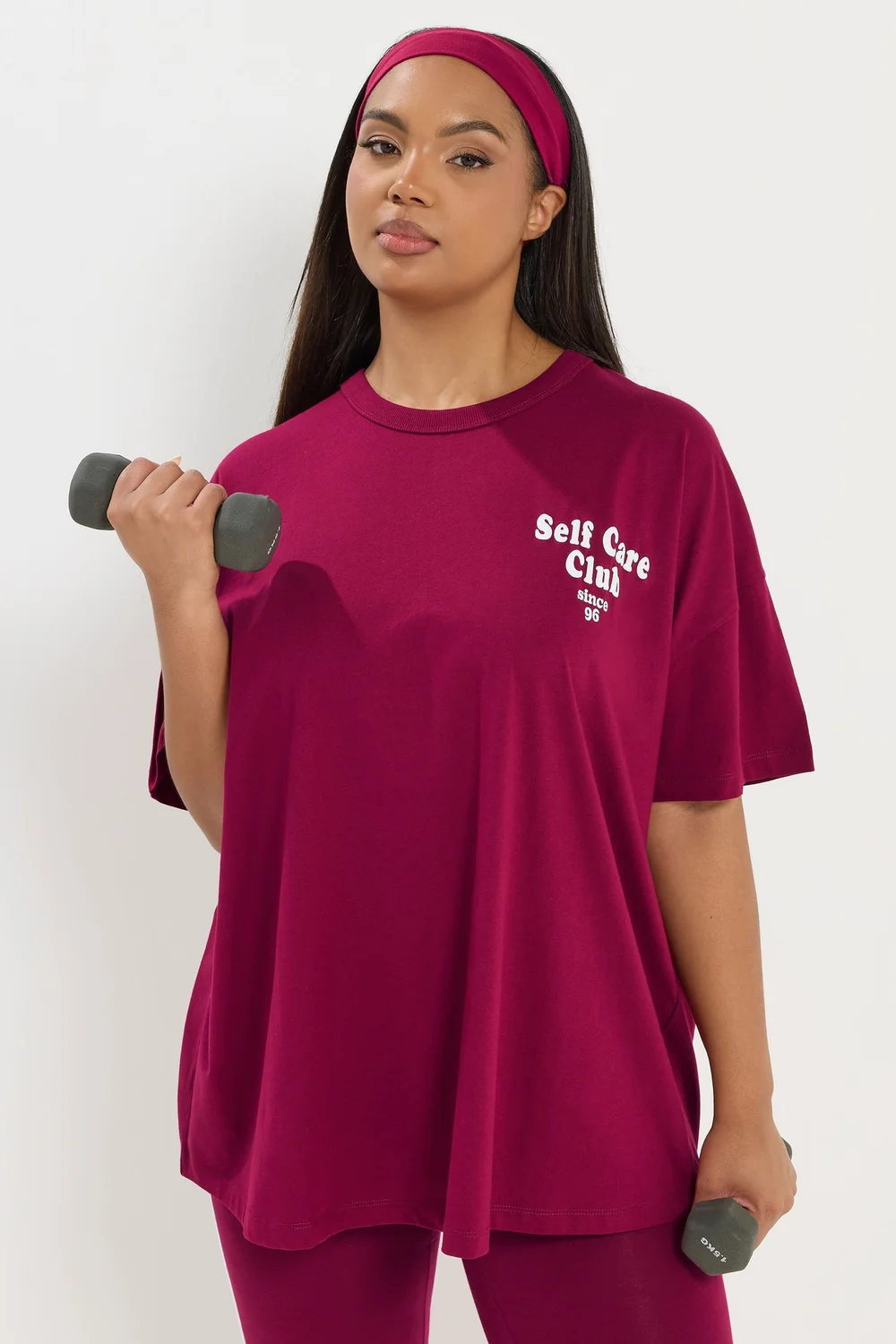 Yours Active Curve Burgundy Red 'Self Care Club' T-Shirt - Size 30-32 Image 2