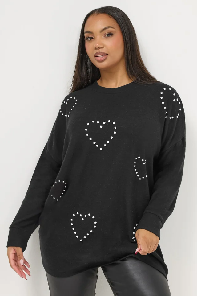 Yours Curve Black Diamante Heart Jumper