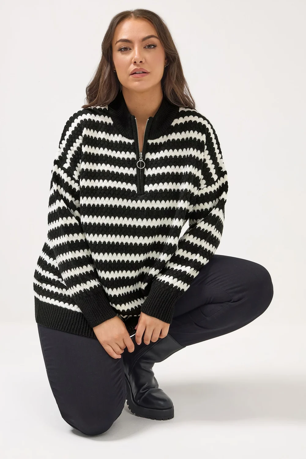 Yours Curve Black Scallop Stripe Quarter Zip Jumper - Size 22-24 Image 1