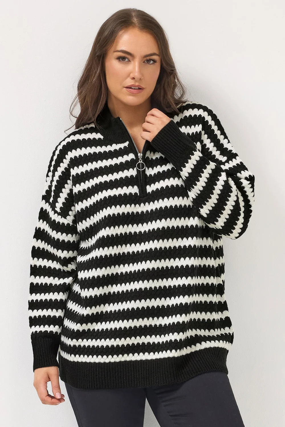 Yours Curve Black Scallop Stripe Quarter Zip Jumper - Size 22-24 Image 2