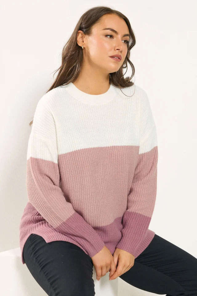 Yours Curve Pink & Cream Colourblock Stripe Jumper