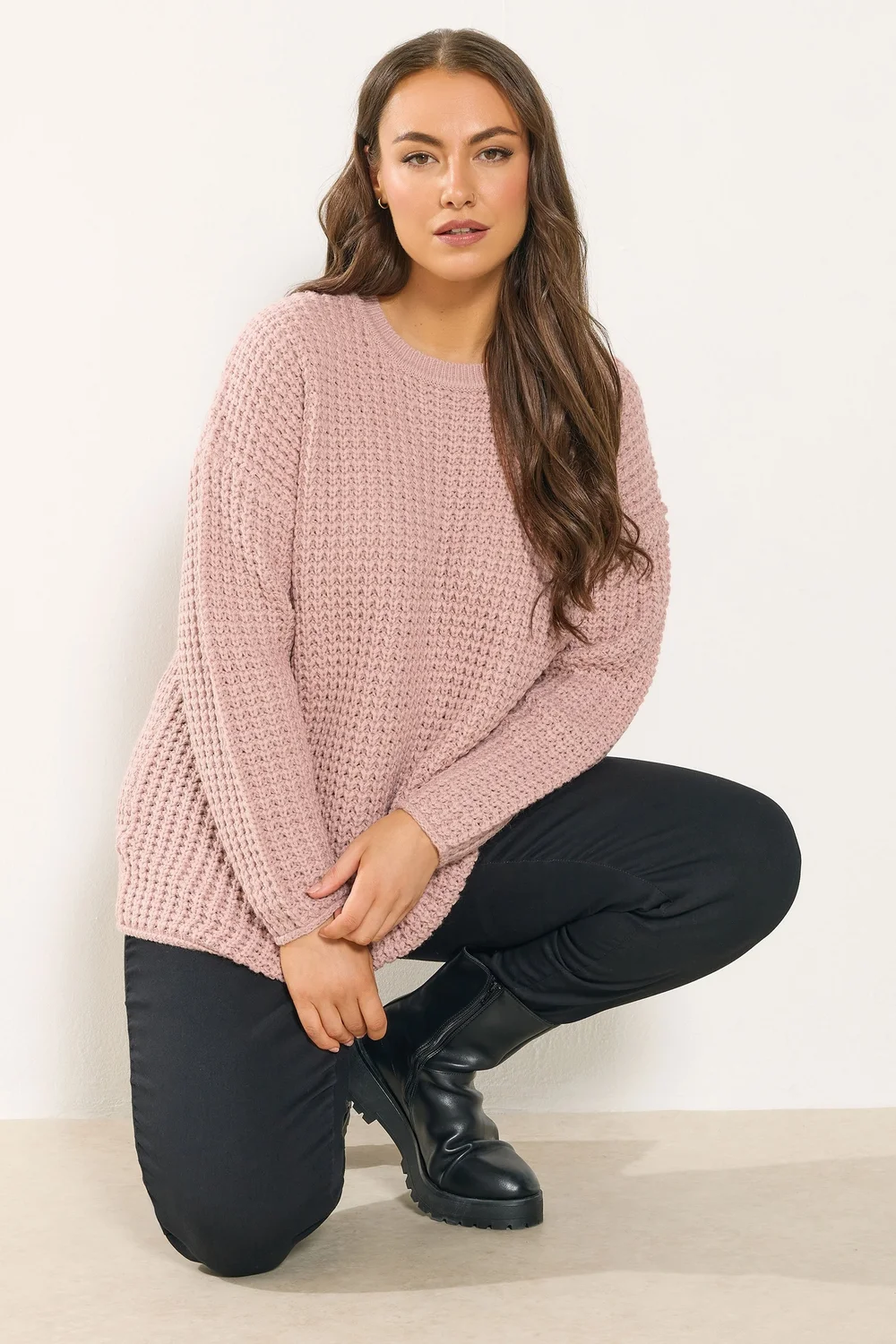 Yours Curve Light Pink Waffle Knit Jumper - Size 18-20 Image 1