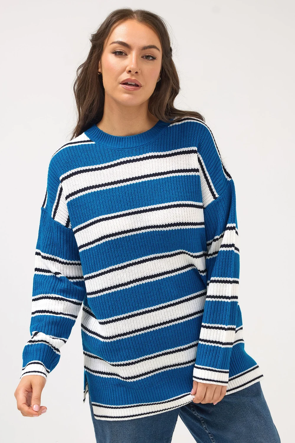 Yours Curve Blue Stripe Knitted Jumper - Size 18-20 Image 1