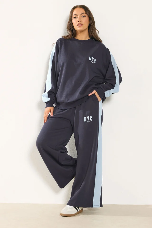 Yours Curve Navy Blue 'NYC' Side Stripe Wide Leg Joggers