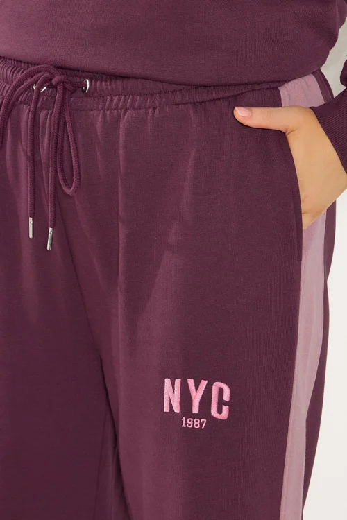 Yours Curve Burgundy Red 'NYC' Side Stripe Wide Leg Joggers - Size 30-32 Image 4