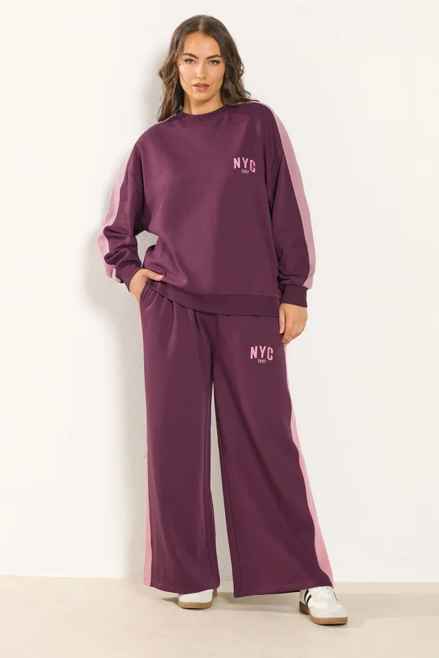 Yours Curve Burgundy Red 'NYC' Side Stripe Wide Leg Joggers