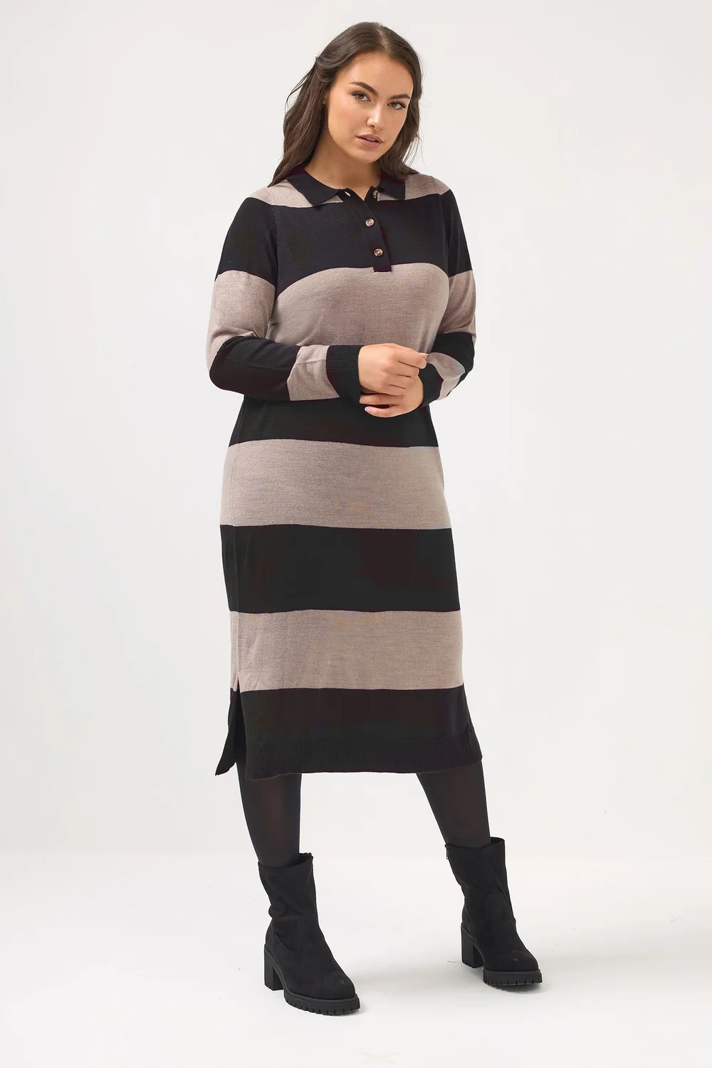 Yours Curve Black Rugby Collar Knitted Jumper Dress - 14-16 Image 1