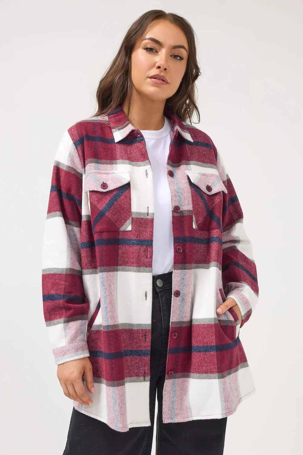 Yours Curve Red & White Check Shacket - 30-32 Image 1