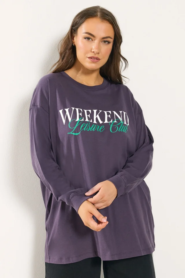 Yours Curve Purple 'Weekend Leisure Club' Long Sleeve T-Shirt