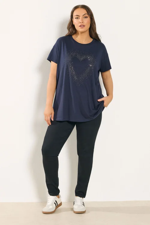 Yours Curve Navy Blue Studded Heart T-Shirt - Size 30-32 Image 3