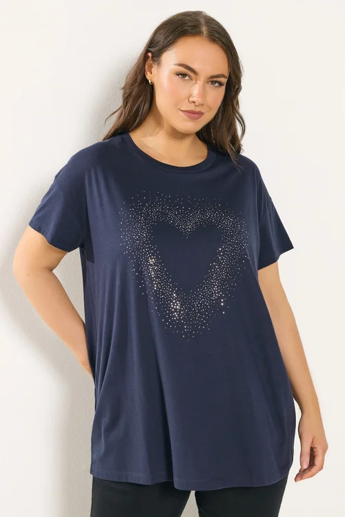 Yours Curve Navy Blue Studded Heart T-Shirt - Size 30-32 Image 2