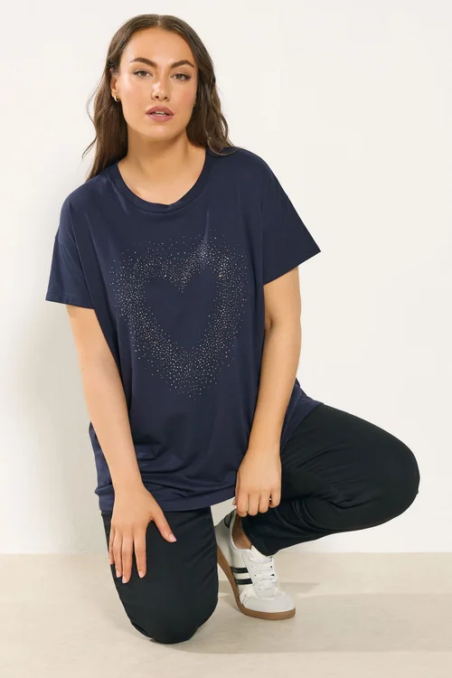 Yours Curve Navy Blue Studded Heart T-Shirt - Size 30-32 Image 1