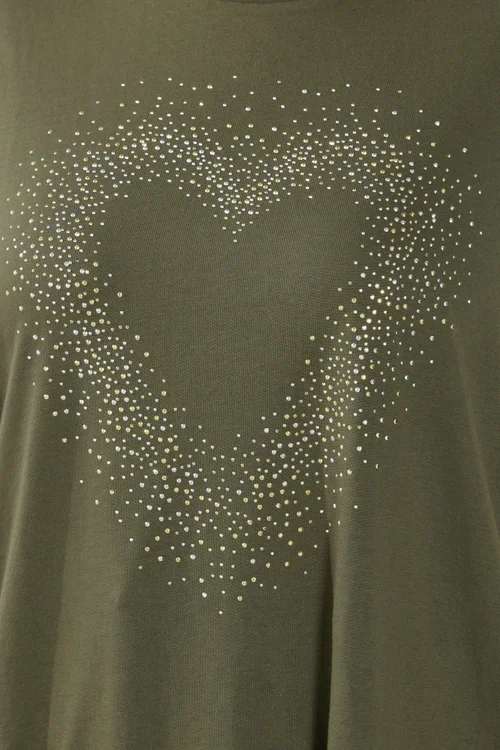 Yours Curve Khaki Green Studded Heart T-Shirt - Size 16 Image 4