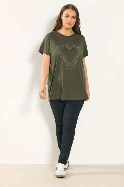 Yours Curve Khaki Green Studded Heart T-Shirt - Size 16 Image 2