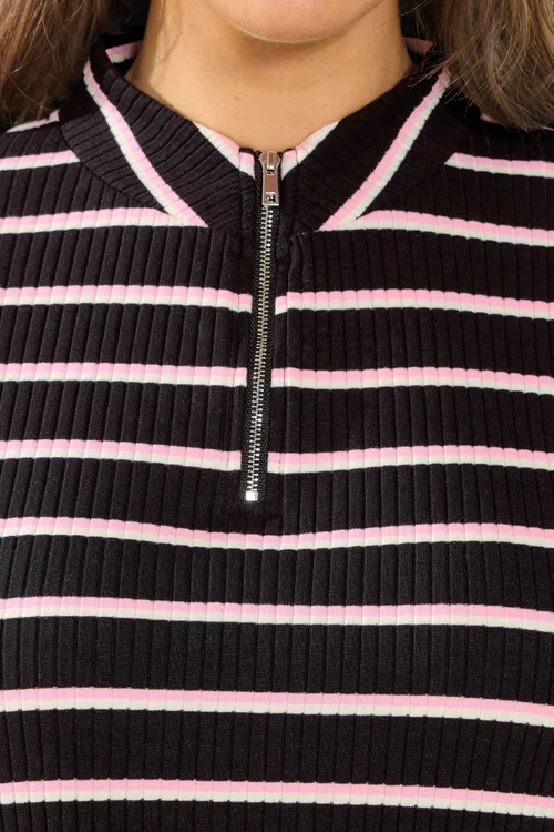 Yours Curve Black & Pink Stripe Zip Neck Top - Size 14 Image 4