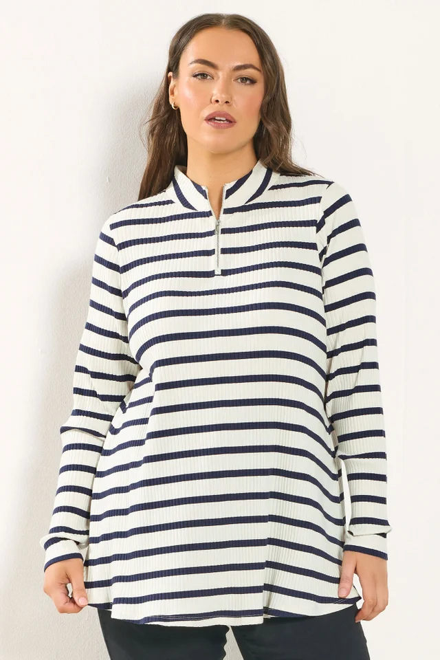 Yours Curve Ivory White Stripe Zip Neck Top