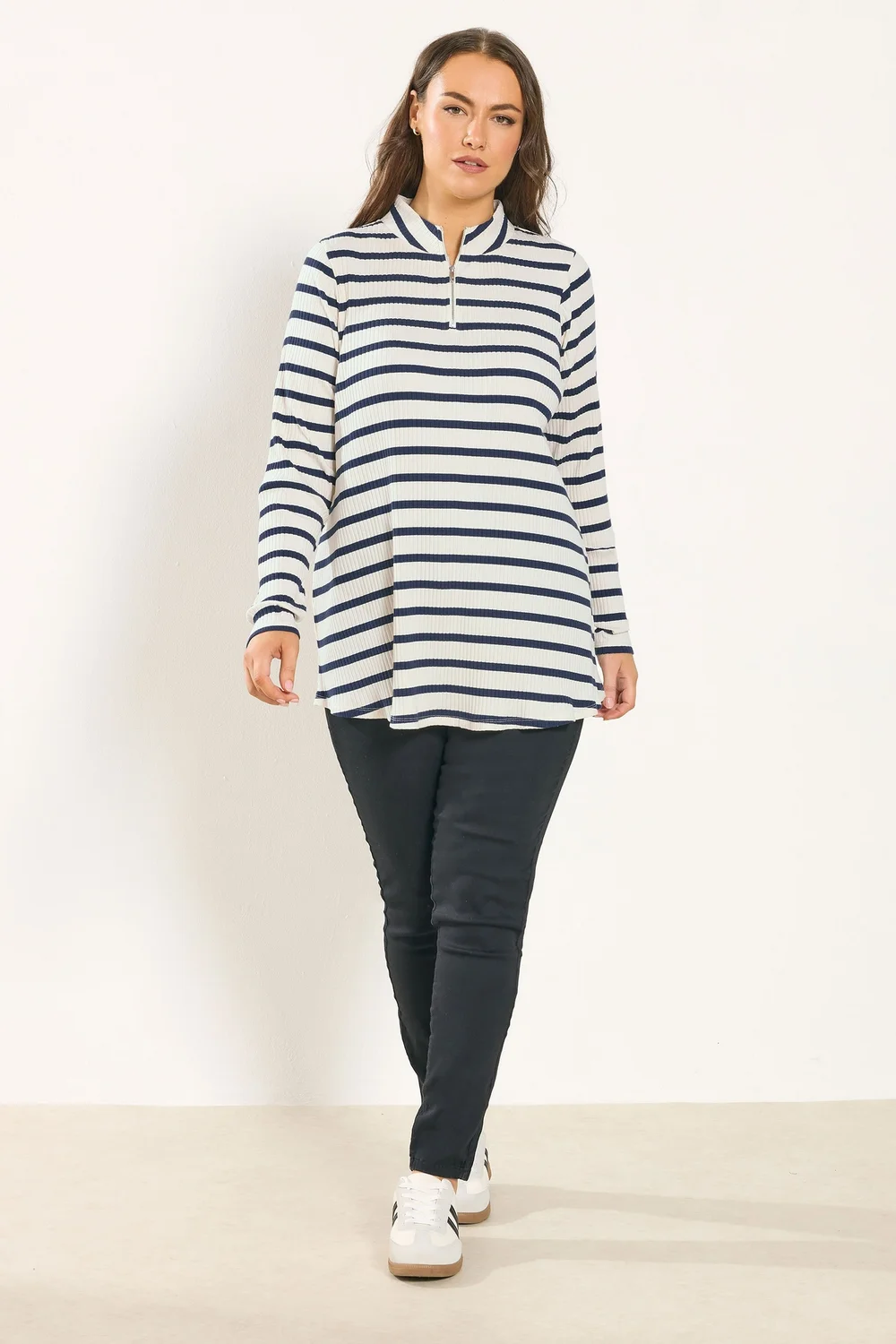 Yours Curve Ivory White Stripe Zip Neck Top - Size 14 Image 2