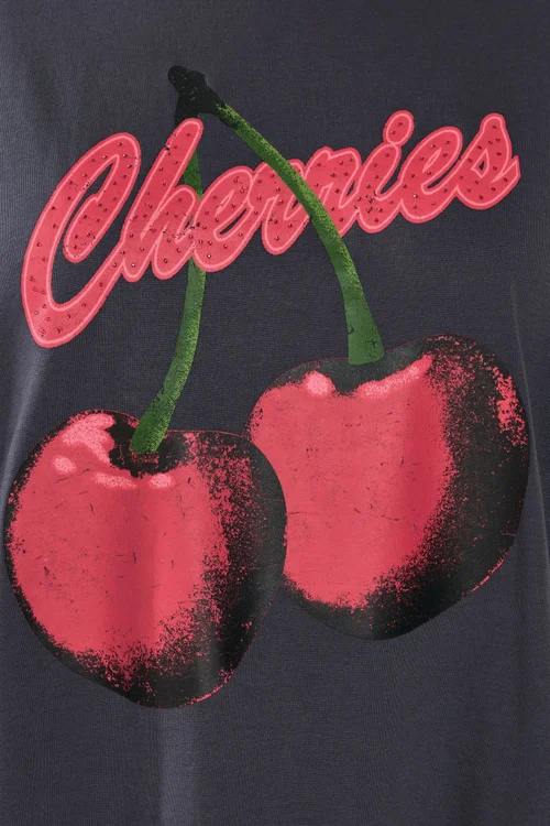 Yours Curve Grey 'Cherries' Slogan T-Shirt - Size 20 Image 4