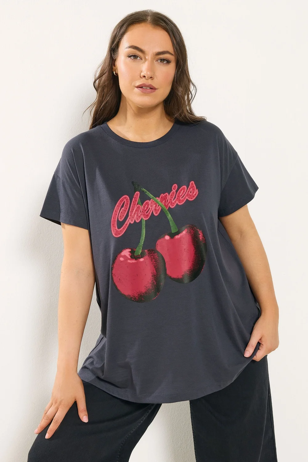 Yours Curve Grey 'Cherries' Slogan T-Shirt - Size 20 Image 1