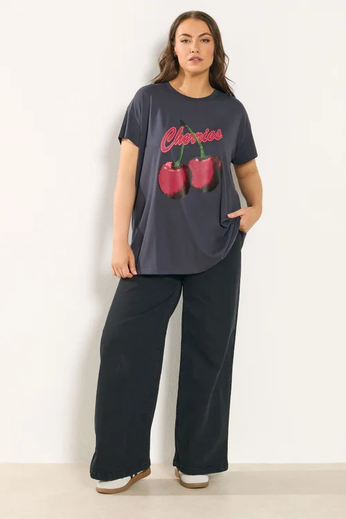 Yours Curve Grey 'Cherries' Slogan T-Shirt - Size 20 Image 2