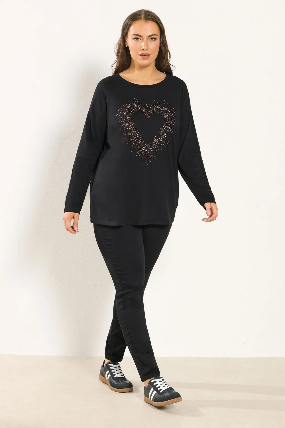 Yours Curve Black Studded Heart Long Sleeve T-Shirt - Size 18 Image 2