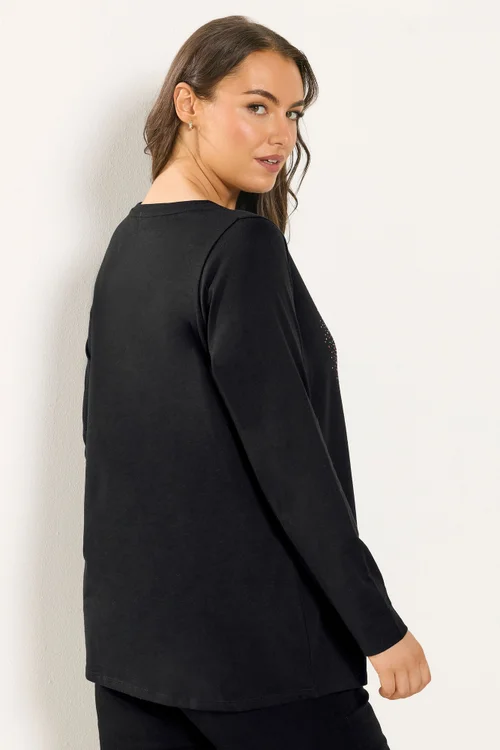 Yours Curve Black Studded Heart Long Sleeve T-Shirt - Size 18 Image 3