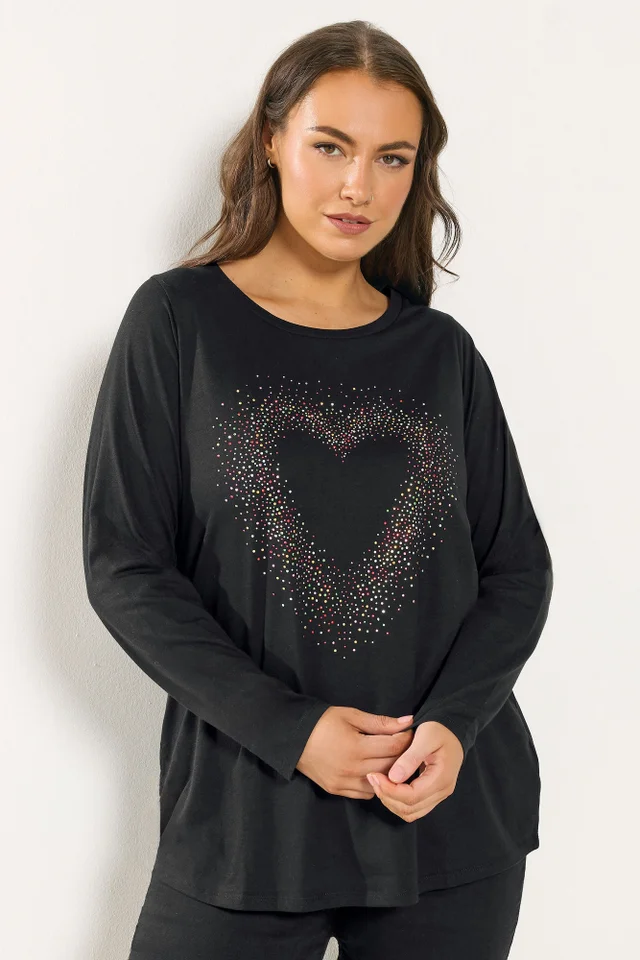 Yours Curve Black Studded Heart Long Sleeve T-Shirt